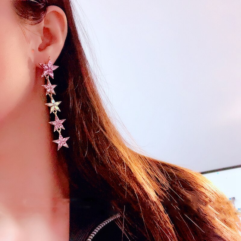 Colorful Star Flower Crystal Long Drop Earrings
