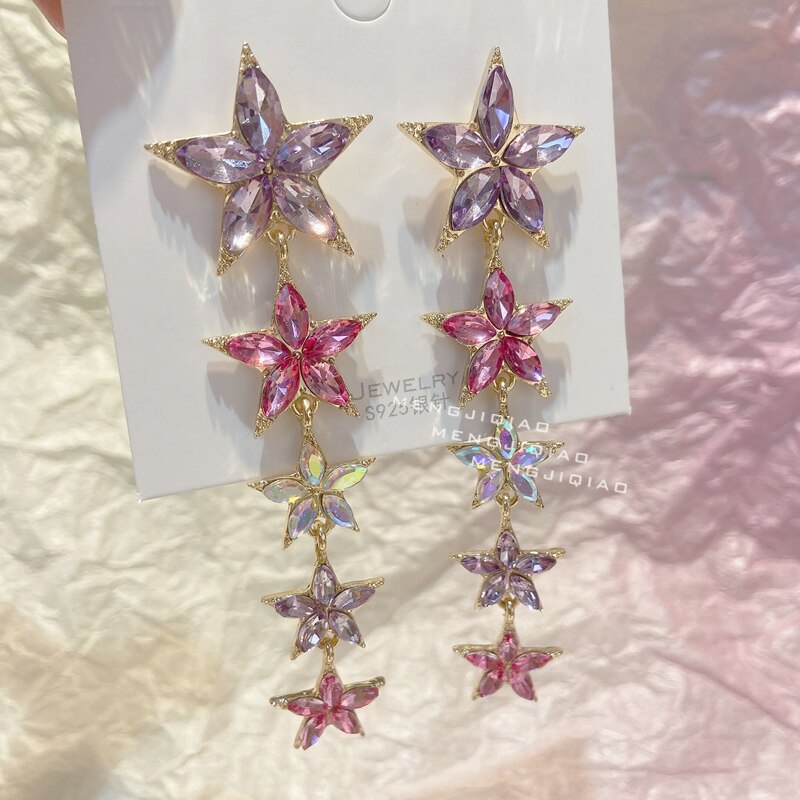 Colorful Star Flower Crystal Long Drop Earrings