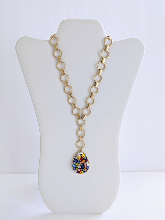 Millefiori Glass Teardrop Pendant Y Necklace in Multi
