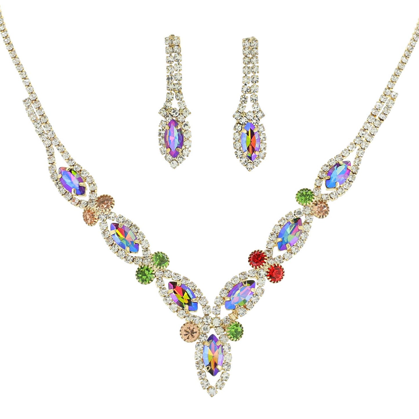 Marquise Rhinestone Crystal Cluster V-Shape Bib Necklace Set: Rainbow