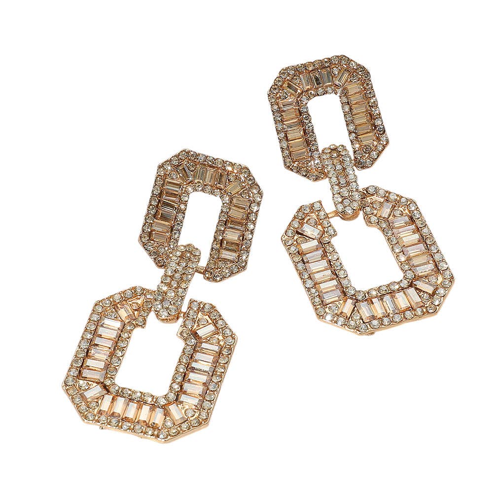 Bold Geometric Baguette Stone Embellished Doorknocker Evening Earrings