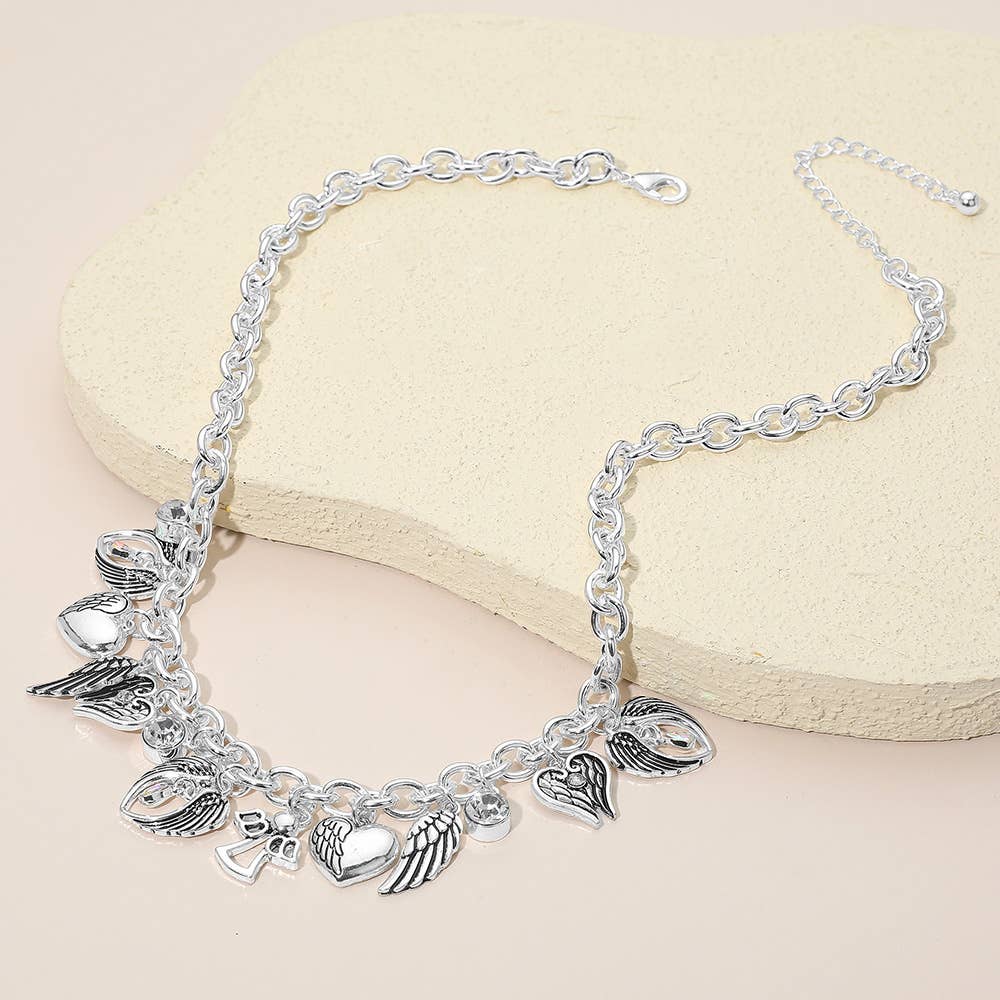 Angel Wing Heart Stone Charm Chain Necklace