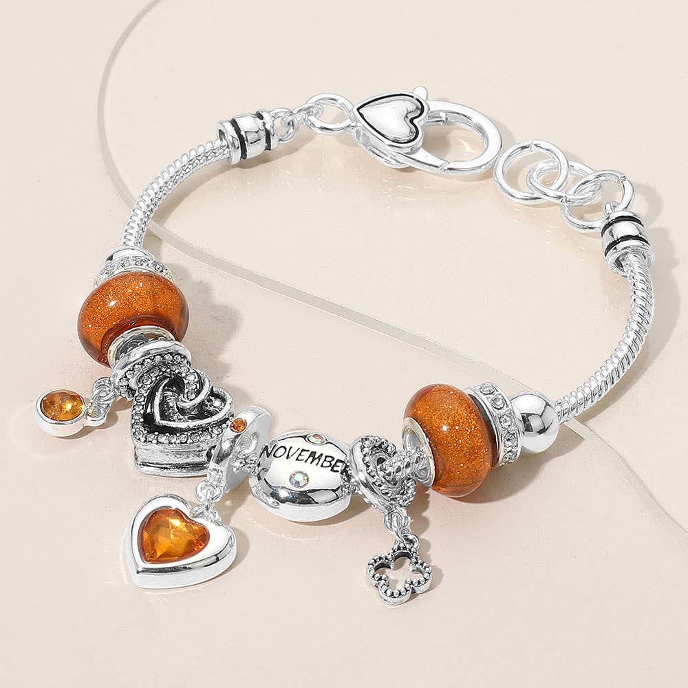 Birthstone Heart Charm Multi Beaded Bracelet