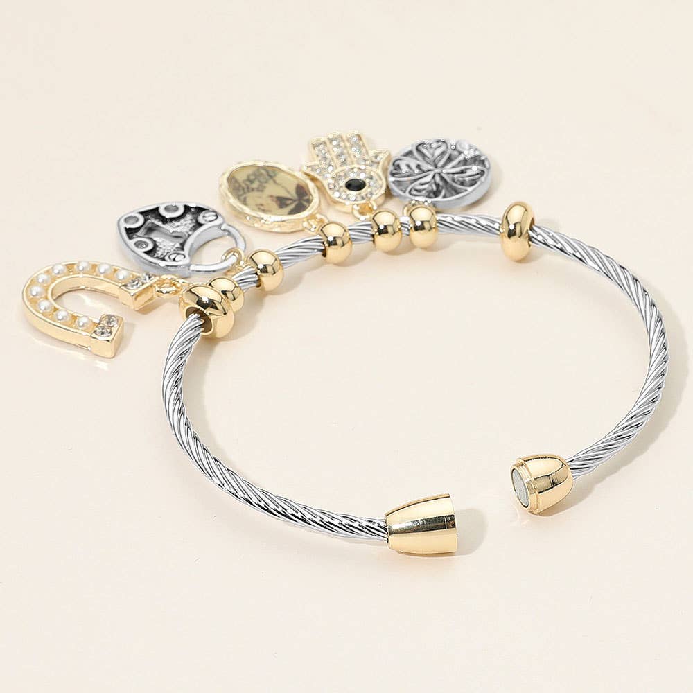 Two Tone Metal Lucky Charms Hamsa Evil Eye Charm Beaded Cable Magnetic Bracelet