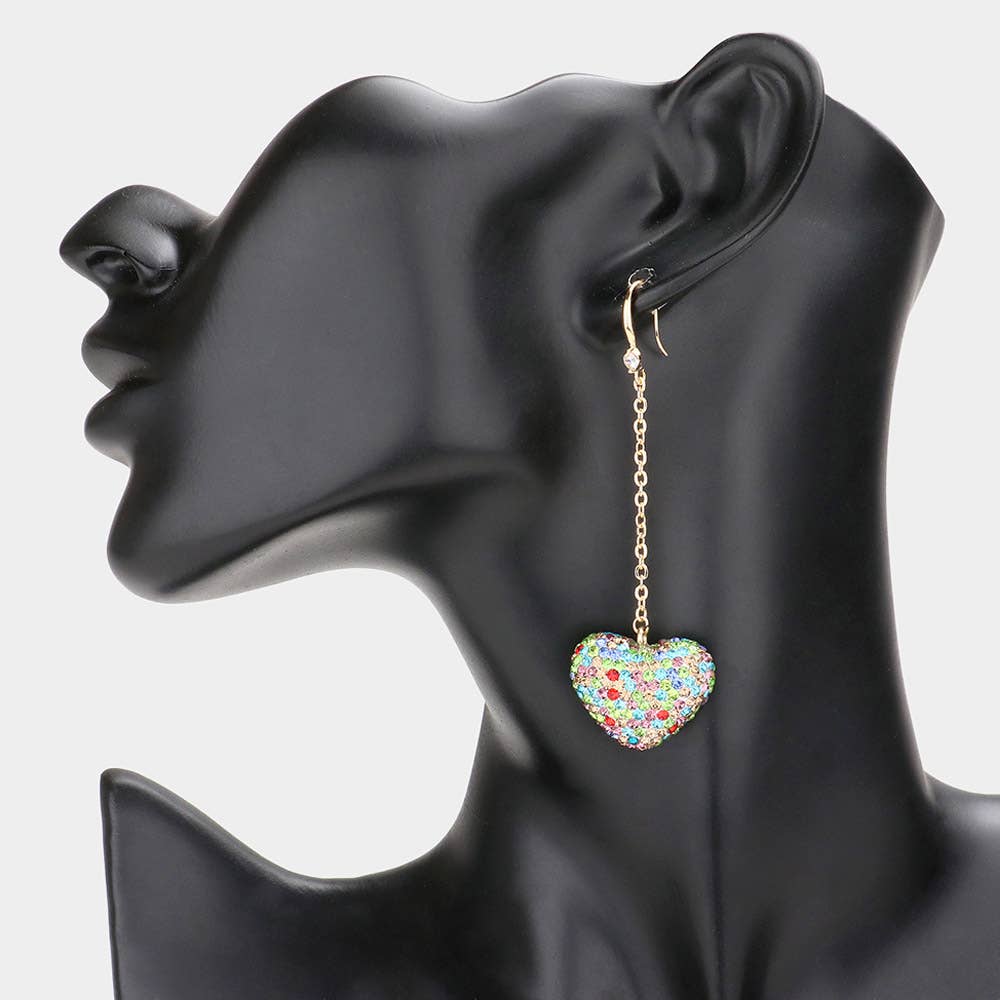 Multicolor Crystal Heart Dangle Earrings – Gold Chain Drop, 2" Fish Hook Closure