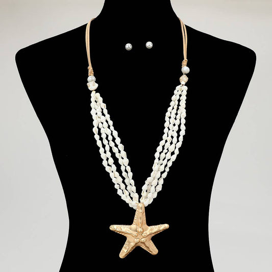 Boho Starfish Pendant Puka Shell Necklace & Pearl Stud Earrings Set – Adjustable 40"