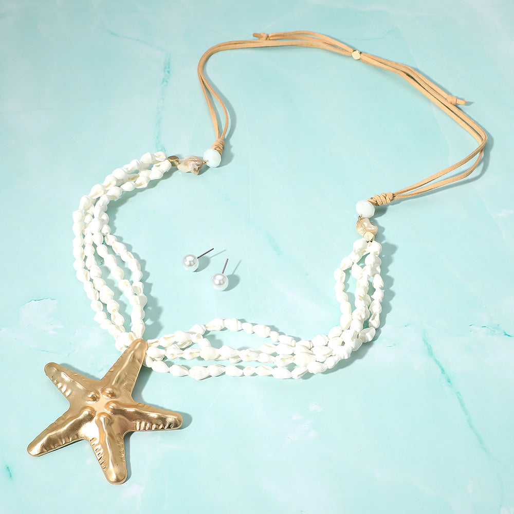Boho Starfish Pendant Puka Shell Necklace & Pearl Stud Earrings Set – Adjustable 40"
