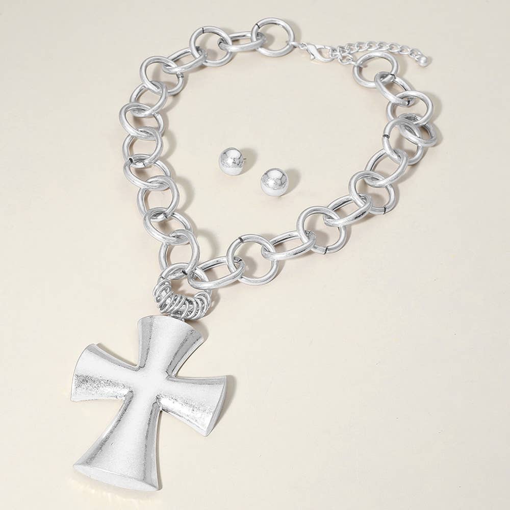 Chunky Matte Metal Cross Pendant Pointed Chain Necklace