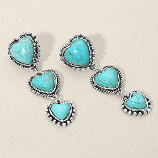 Boho Vintage Southwestern Turquoise Heart Drop Earrings