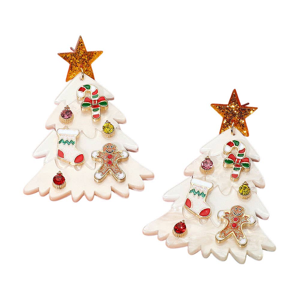 Festive Christmas Tree Earrings Holiday Jewelry Gingerbread Candy Cane Stocking – Resin 1.75" x 2.6" Post Back