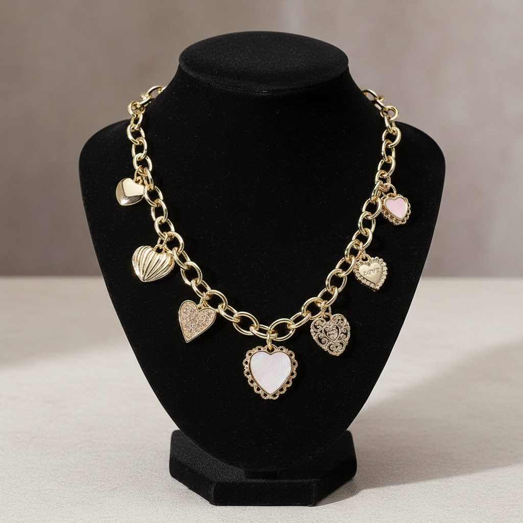Stylish chain necklace featuring a variety of gold tone heart-shaped charms with unique textures and finishes. 