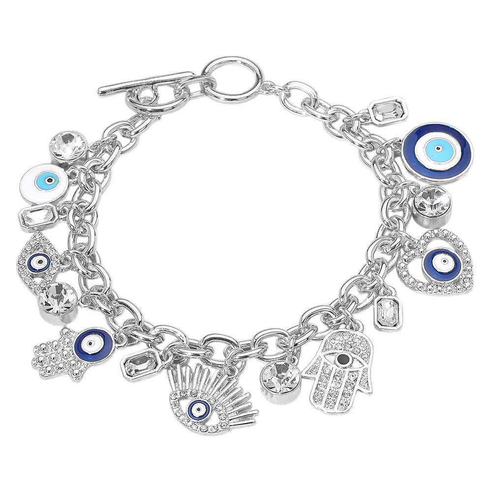 Gold Evil Eye & Hamsa Hand Charm Bracelet | Enamel Crystal Accents | Protective Symbol Jewelry