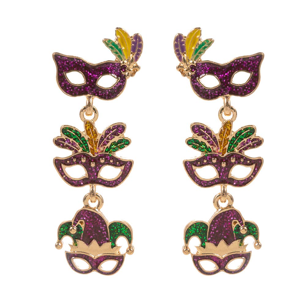 Glittered Enamel Mardi Gras Mask Link Dropdown Dangle Earrings