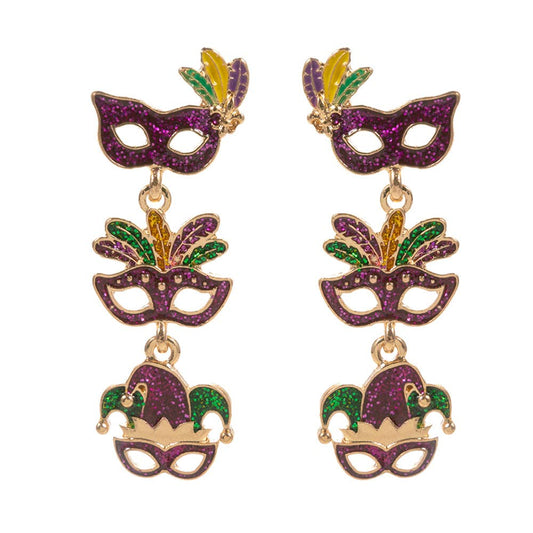 Glittered Enamel Mardi Gras Mask Link Dropdown Dangle Earrings