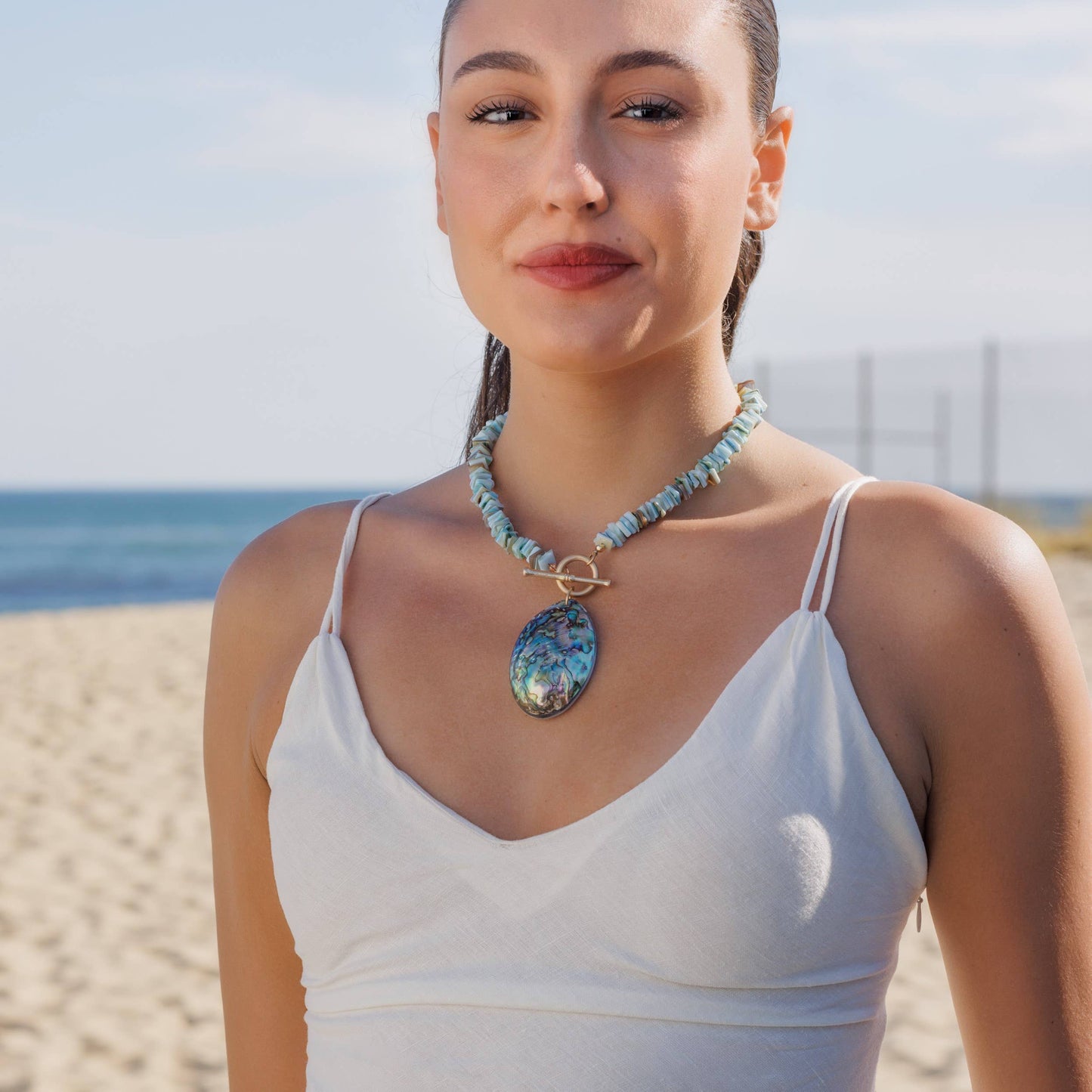 Seashell Necklace Green Necklace  Beach Abalone  Turquoise