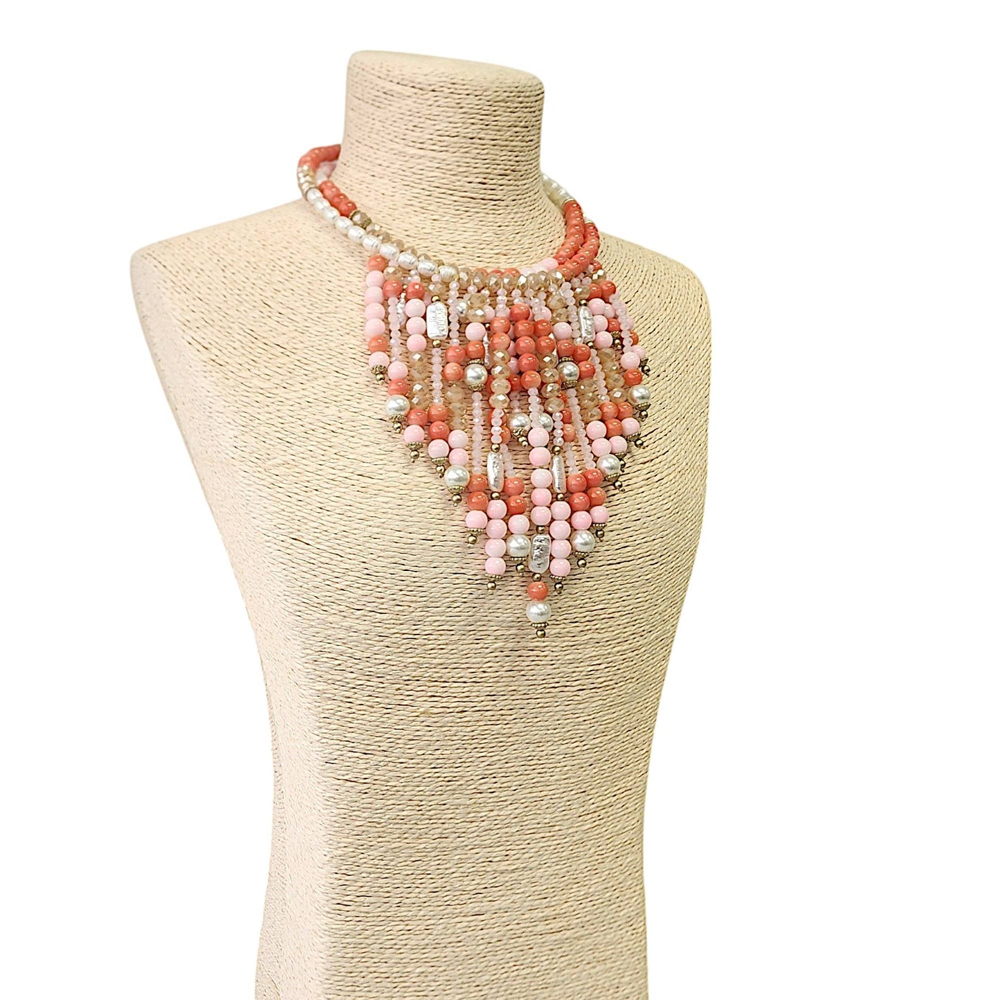 Coral Pink Beaded Bib Necklace Boho Waterfall Statement Jewelry