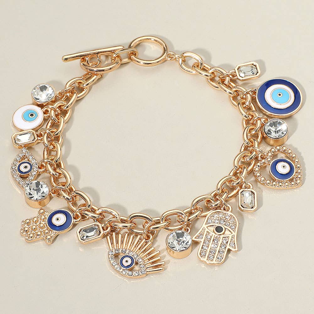 Gold Evil Eye & Hamsa Hand Charm Bracelet | Enamel Crystal Accents | Protective Symbol Jewelry