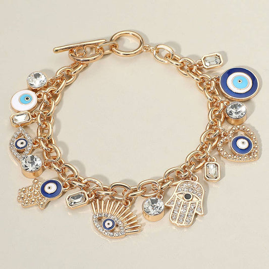 Gold Evil Eye & Hamsa Hand Charm Bracelet | Enamel Crystal Accents | Protective Symbol Jewelry