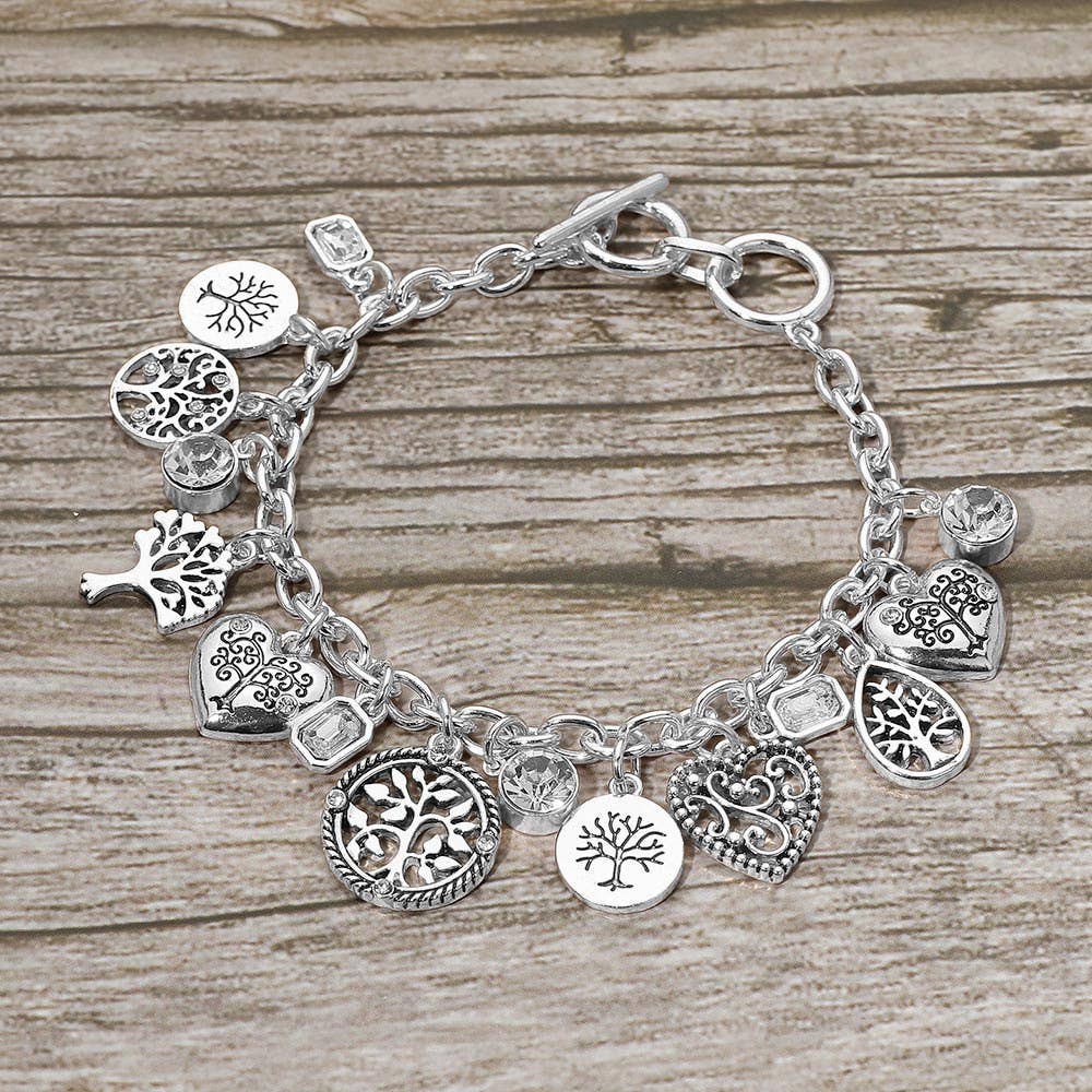 Tree of Life Charm Bracelet – Gold Tone, Toggle Closure, Bezel Stones
