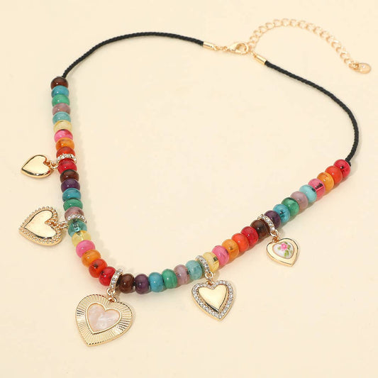 Heart Charm  Resin Colorful Beaded Statement Necklace