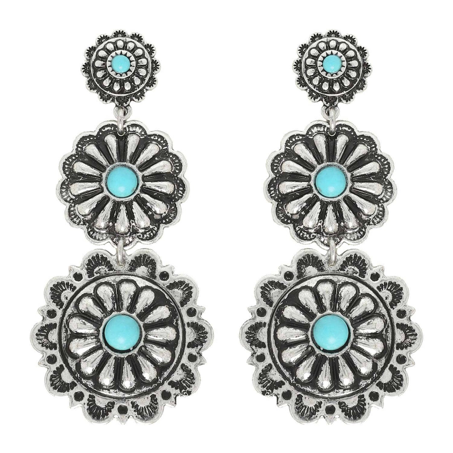 3-Tier Western Turquoise Concho Drop Earrings
