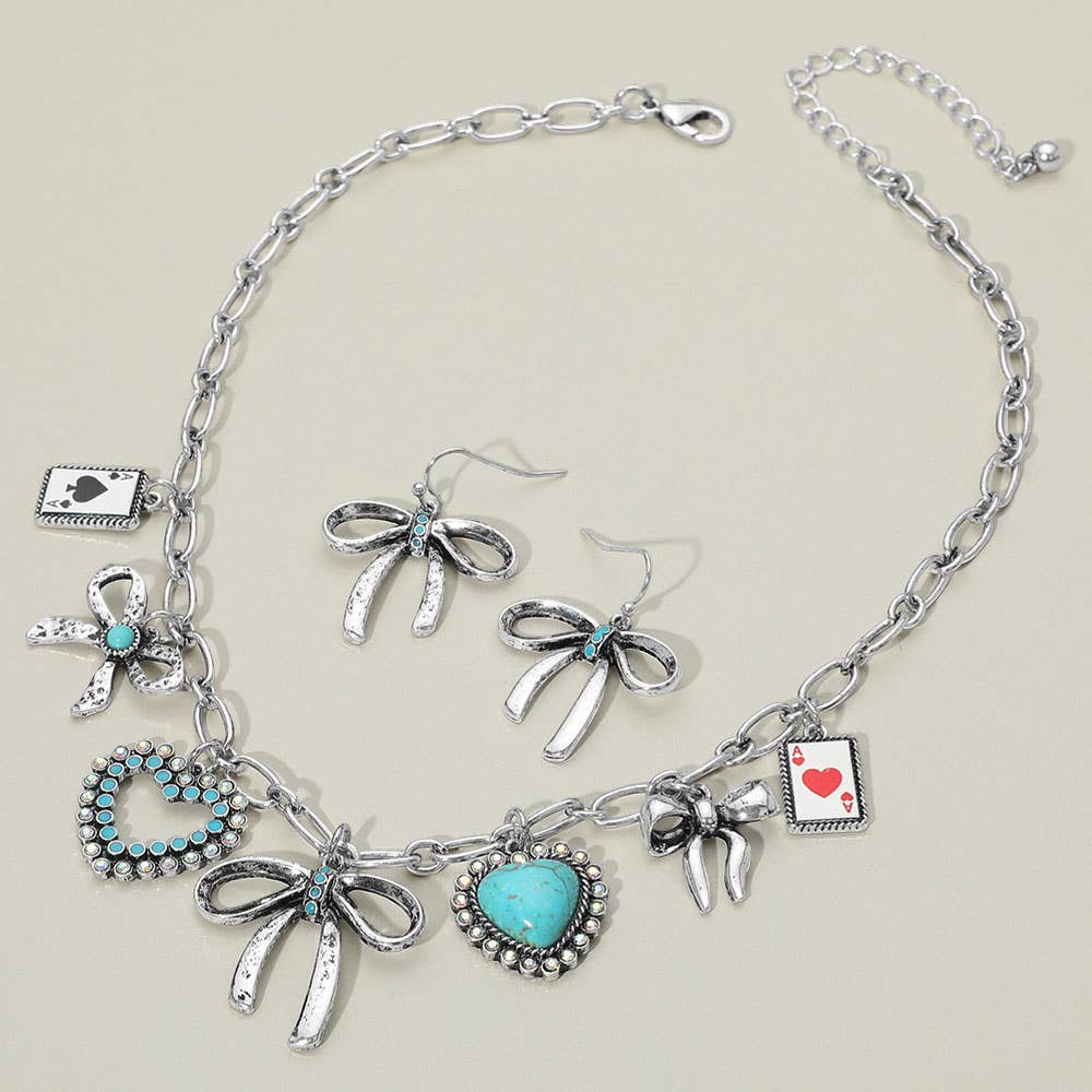 Whimsical Western Heart Bow Card Charm Station Necklace