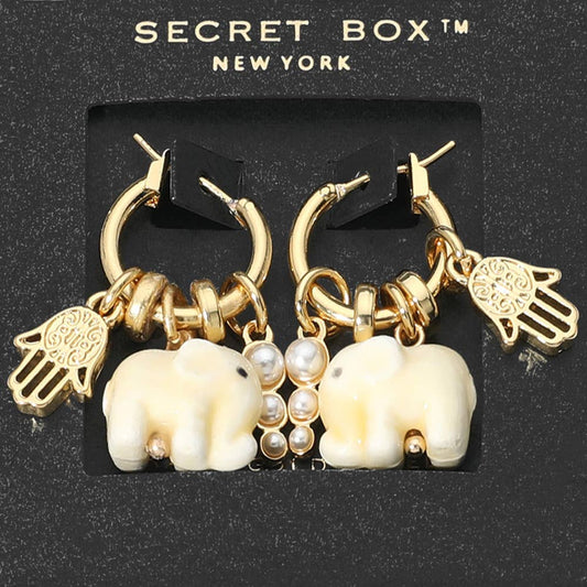 SECRET BOX NY 14K Gold Dipped Ceramic Elephant & Hamsa Charm Hoop Earrings