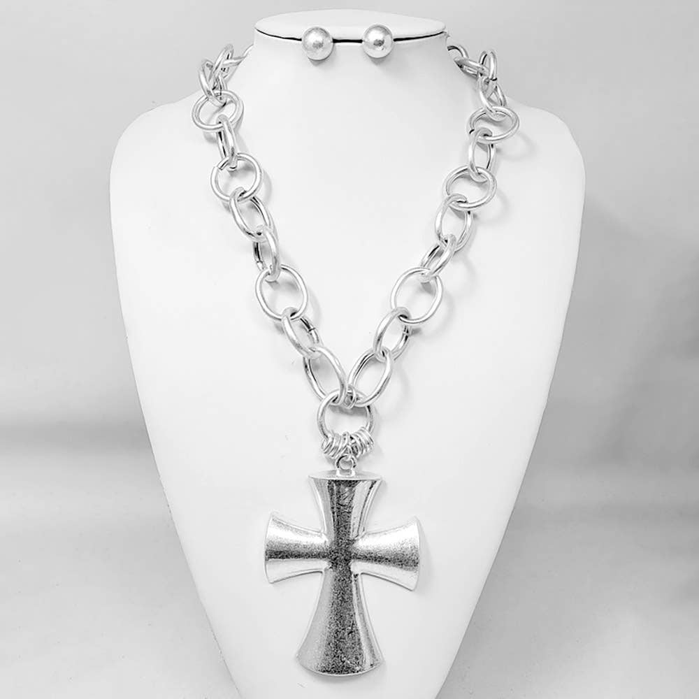 Chunky Matte Metal Cross Pendant Pointed Chain Necklace