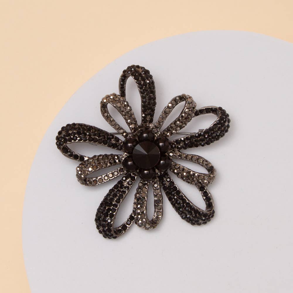 Crystal Rhinestone Floral Brooch Pin | 3” Statement Flower | Multiple Colors