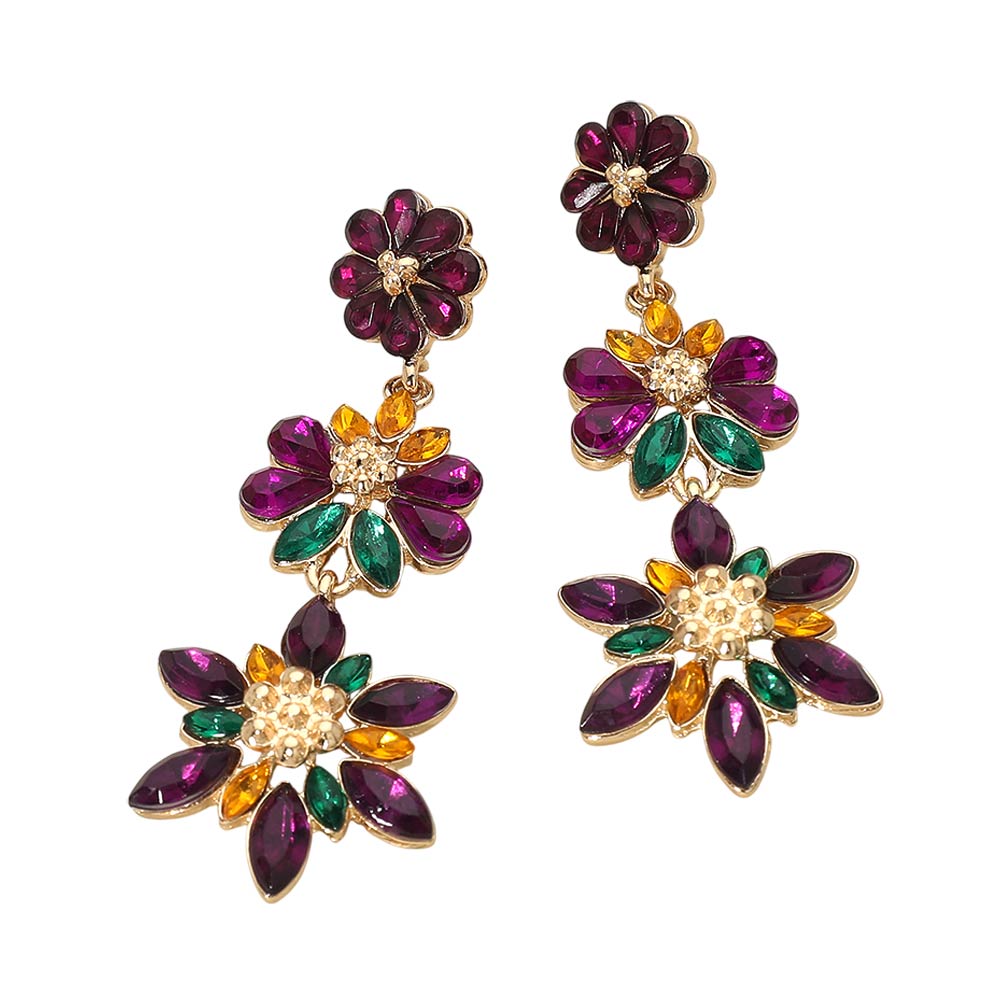 Mardi Gras Glass Stone Cluster Layered Petal Floral Drop Statement Earrings