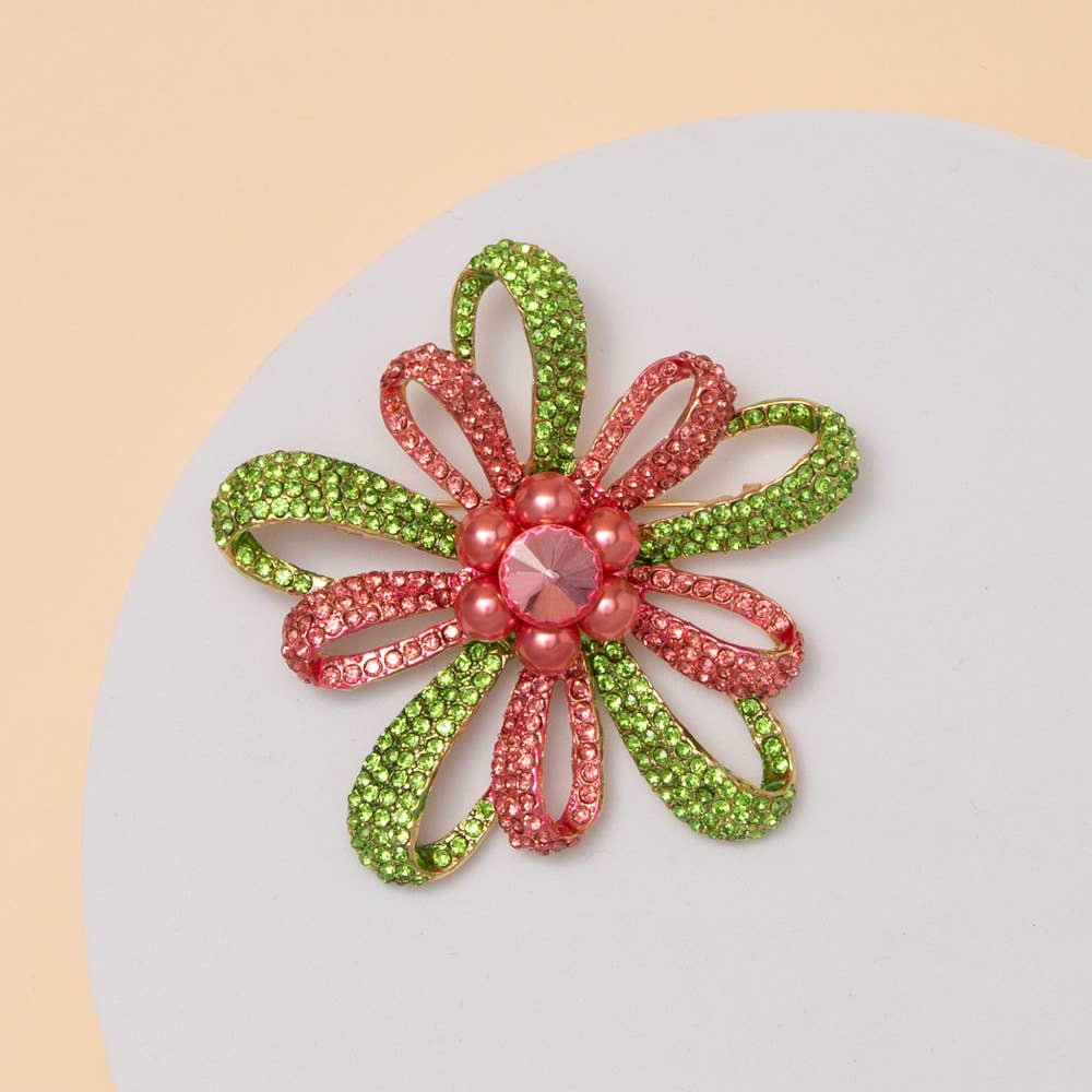 Crystal Rhinestone Floral Brooch Pin | 3” Statement Flower | Multiple Colors