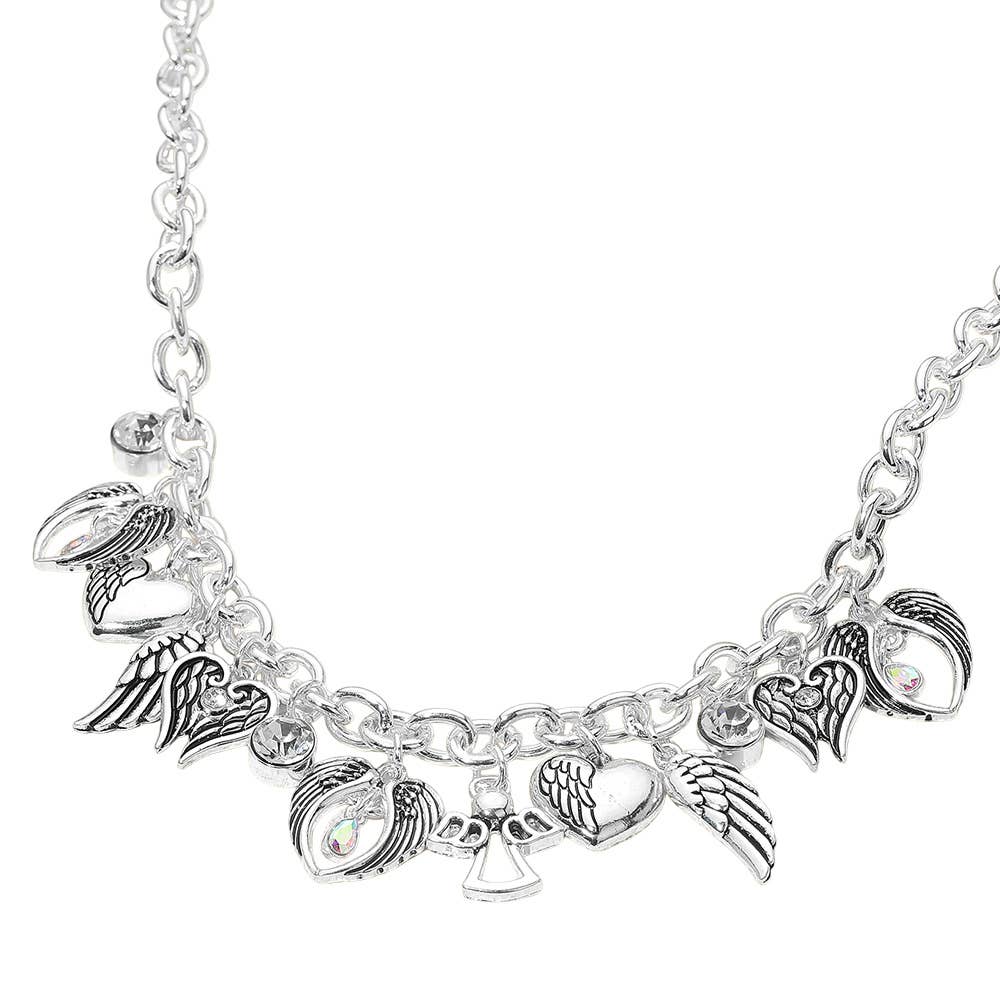 Angel Wing Heart Stone Charm Chain Necklace