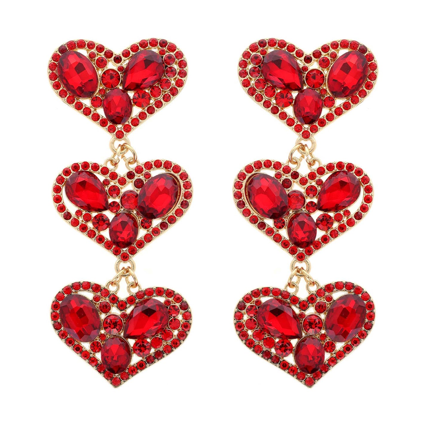 Rhinestone Embellished Triple Heart Dangle Earrings