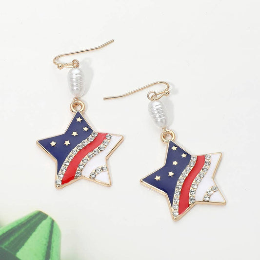American USA Flag Star Charm Pearl Link Drop Earrings