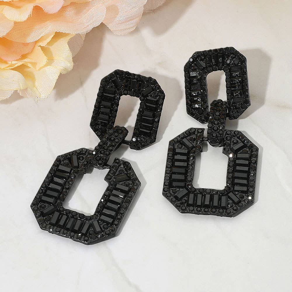 Bold Geometric Baguette Stone Embellished Doorknocker Evening Earrings