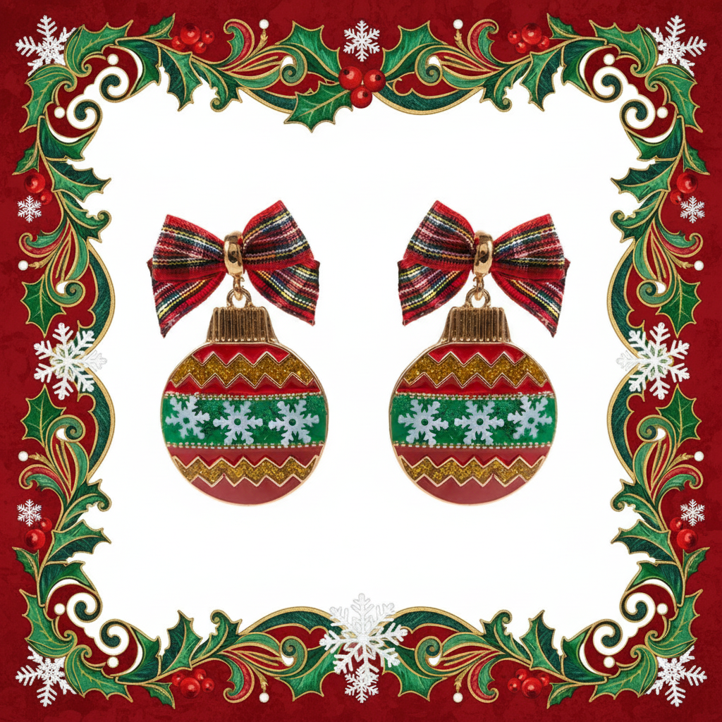Bow Pointed Enamel Christmas Ornament Dangle Earrings