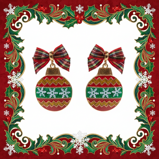 Bow Pointed Enamel Christmas Ornament Dangle Earrings