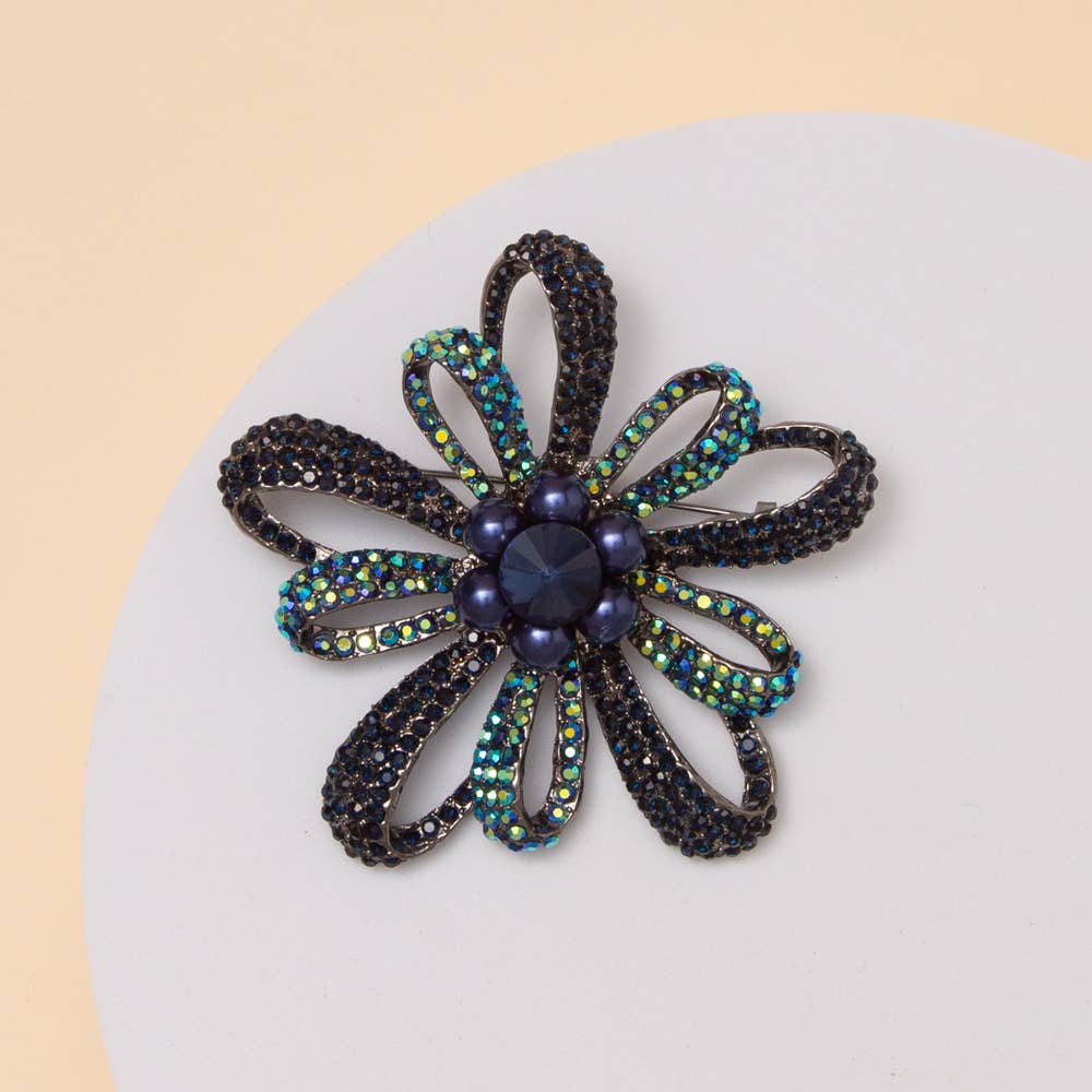 Crystal Rhinestone Floral Brooch Pin | 3” Statement Flower | Multiple Colors