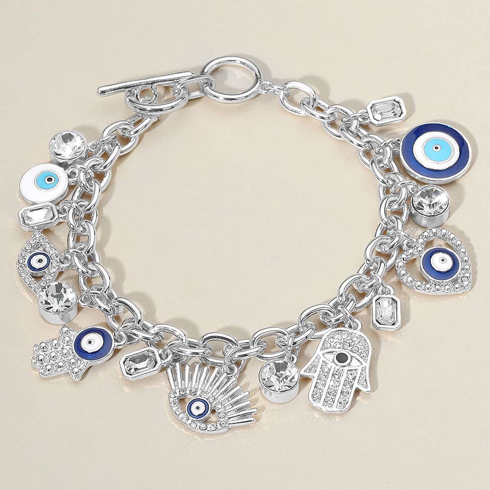 Gold Evil Eye & Hamsa Hand Charm Bracelet | Enamel Crystal Accents | Protective Symbol Jewelry