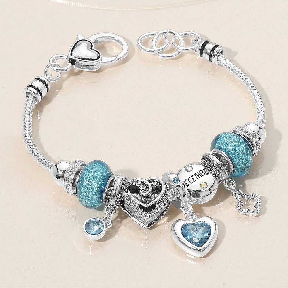 Birthstone Heart Charm Multi Beaded Bracelet