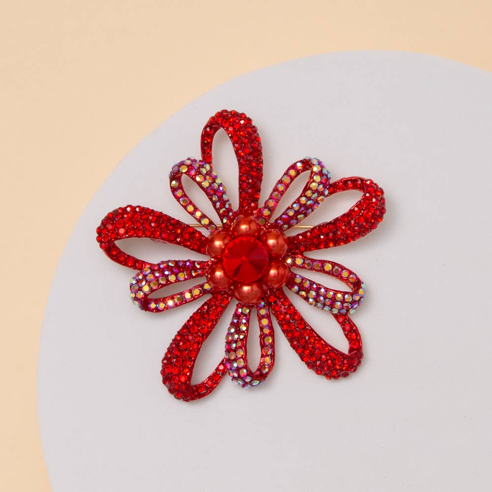 Crystal Rhinestone Floral Brooch Pin | 3” Statement Flower | Multiple Colors