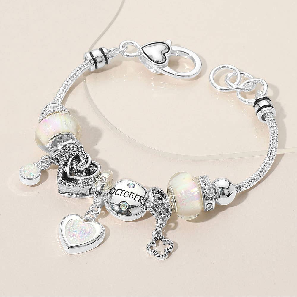 Birthstone Heart Charm Multi Beaded Bracelet