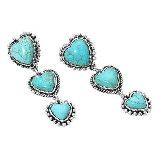 Boho Vintage Southwestern Turquoise Heart Drop Earrings