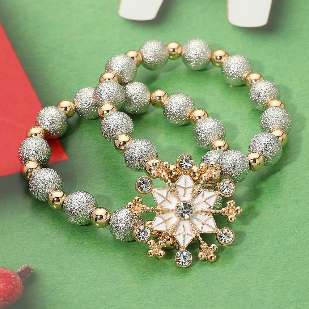 Snowflake Accent Glitter Ball Beaded Stretch Multi Layered Bracelets - 2 PC