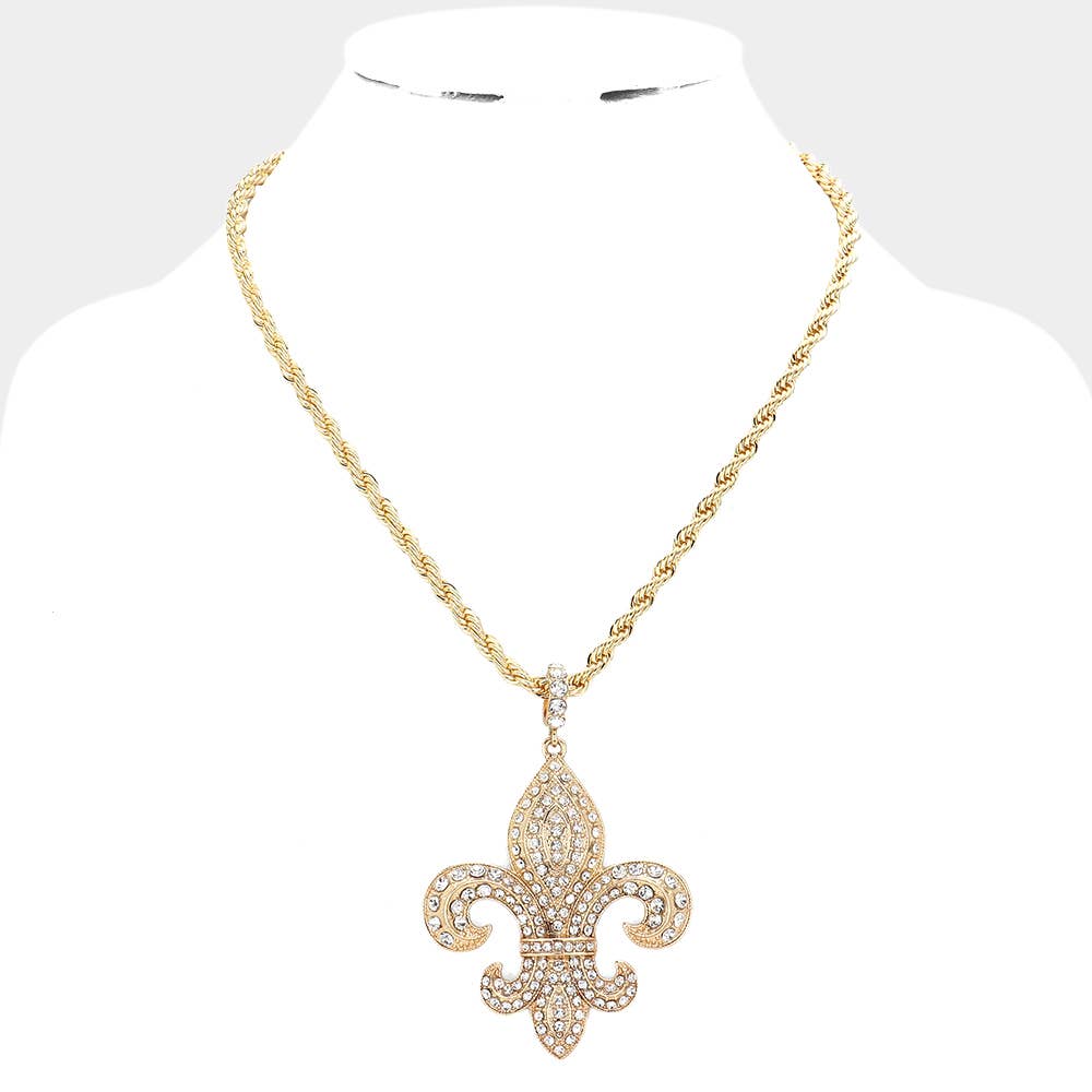 Rhinestone Embellished Fleur de Lis Pendant Necklace