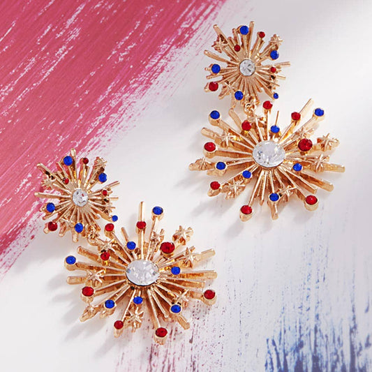Rhinestone Paved American USA Flag Theme Starbursts Earrings