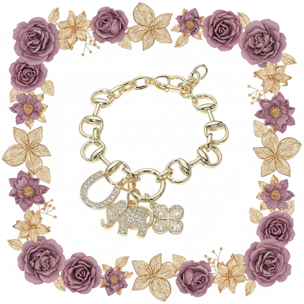 Gold Dipped Charm Bracelet CZ Elephant Clover Horseshoe Adjustable 7.25"