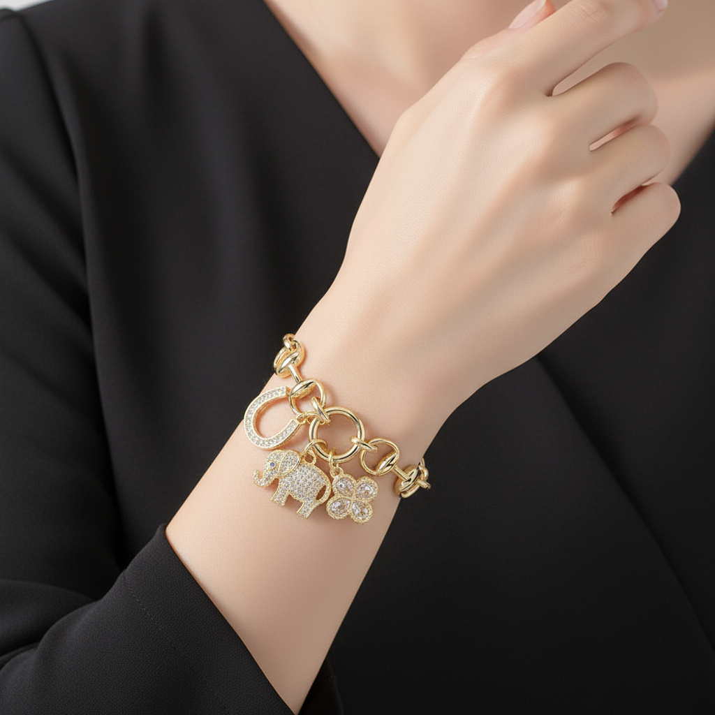 Gold Dipped Charm Bracelet CZ Elephant Clover Horseshoe Adjustable 7.25"