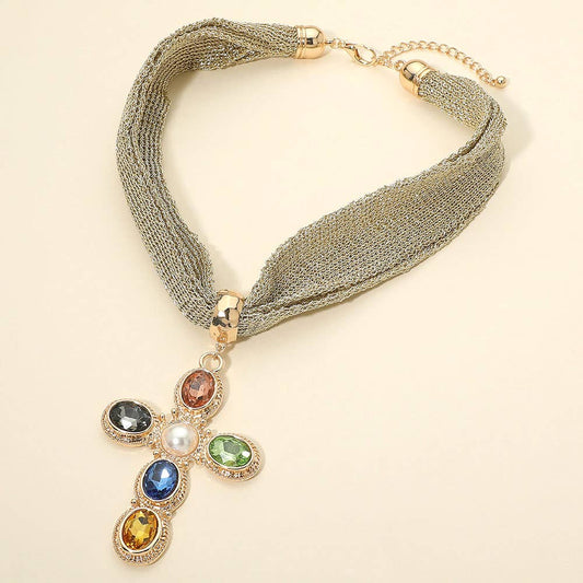 Pearl Center Oval Stone Embellished Cross Pendant Accent Mesh Chain Statement Necklace
