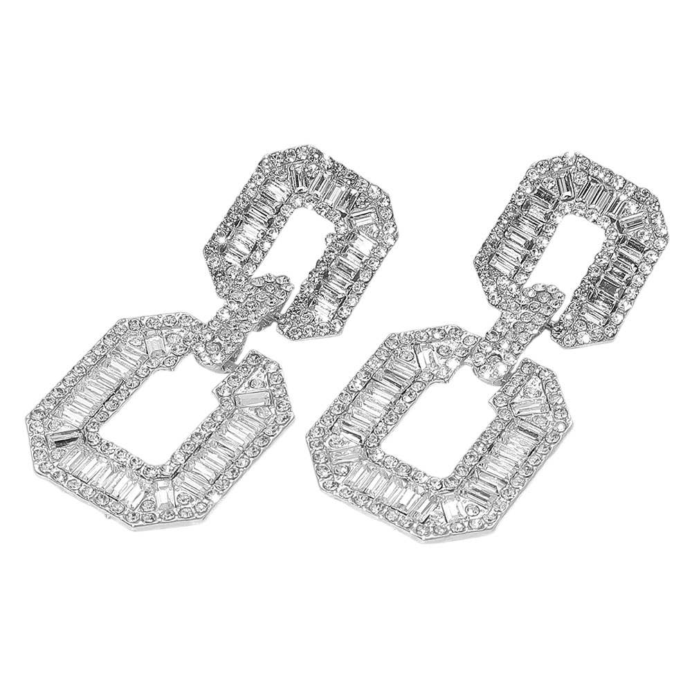 Bold Geometric Baguette Stone Embellished Doorknocker Evening Earrings
